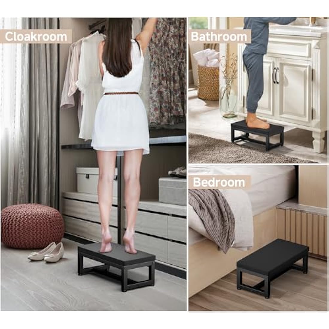 Step Stool for Adults and Kids, Heavy Duty Waterproof HDPE Foot Stool, Non-Slip Footrest with Adjustable Feet, Sturdy Metal Frame for Kitchen, Bathroom, Bedroom, RV, Outdoor