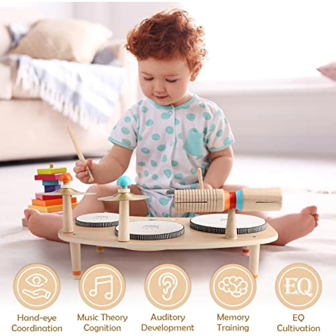 Vanplay Wooden Toys Kids Drum Kit Musical Instruments For Toddlers Baby Drum Musical Toys Gifts for 3 4 5 Years Old Girls Boys