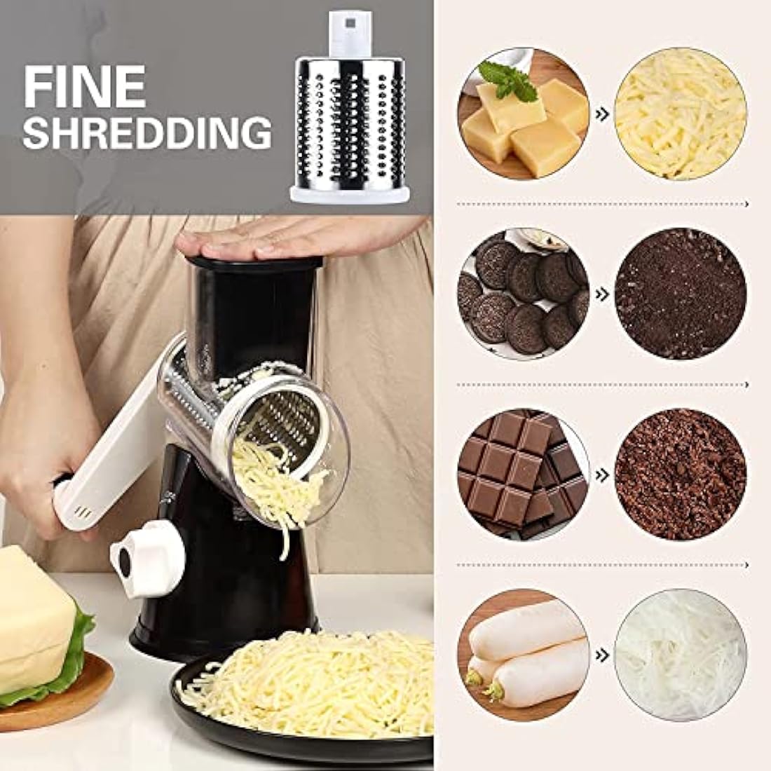 Ourokhome Rotary Cheese Grater Vegetable Slicer - Rotary Round Drum Grater Chopper with 3 Stainless Steel Drums Strong Suction Base (Black)
