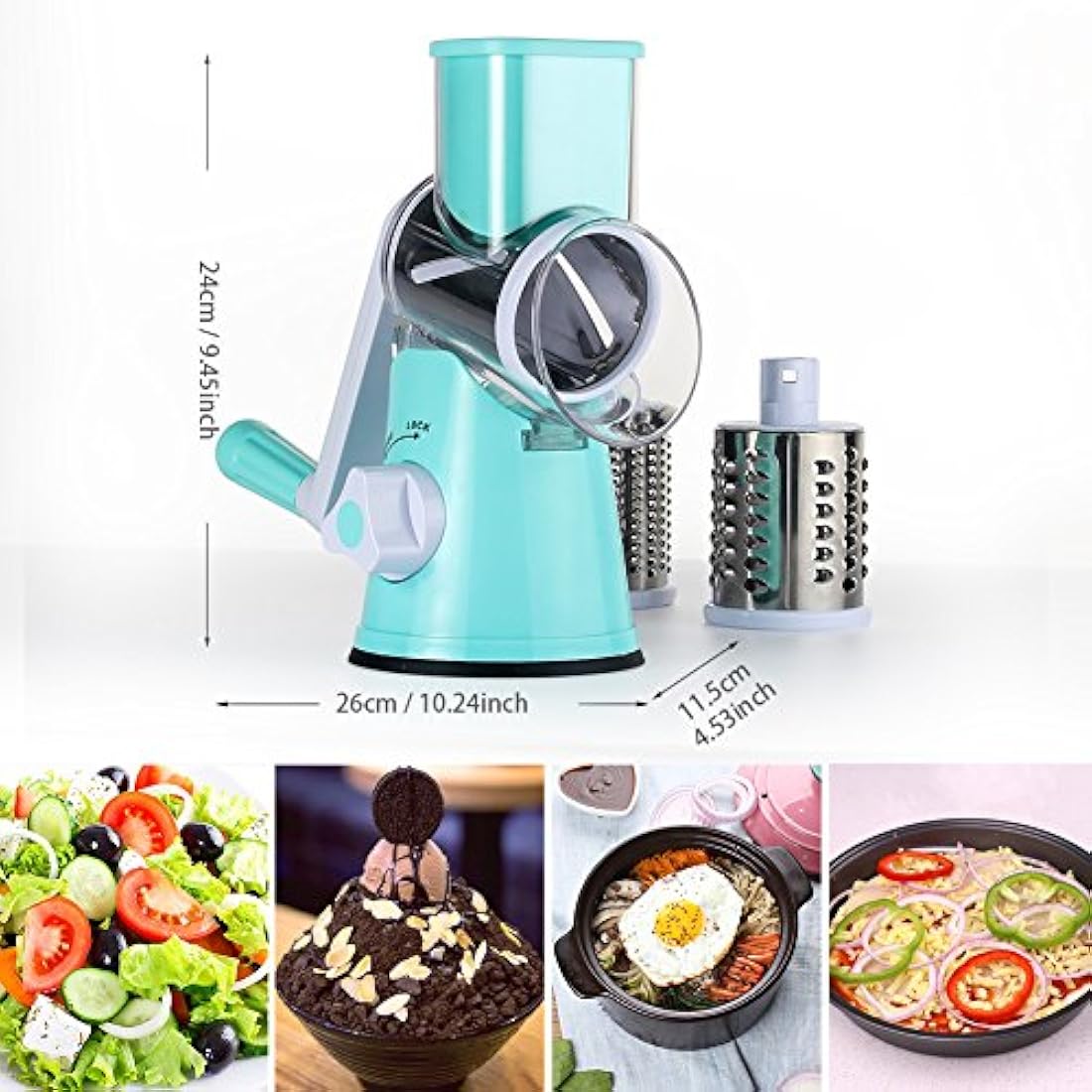 Ourokhome Rotary Cheese Grater Chopper - Vegetable Mandoline Slicer with 3 Interchangeable Ultra Sharp Cylinders Stainless Steel Blades（Blue）