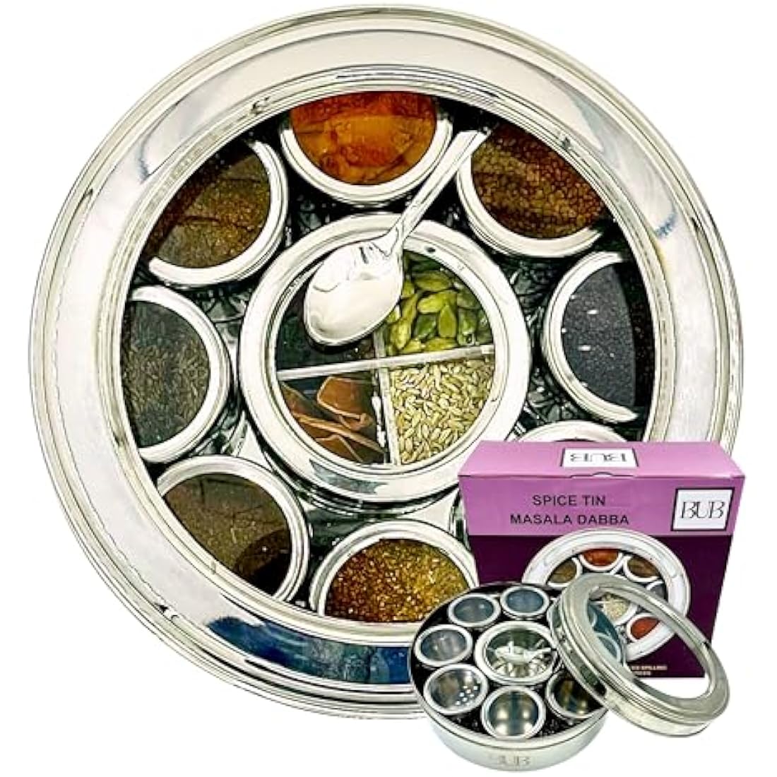 Bub: Large 22cm Premium Spice Tin Masala Dabba | 9 Spice Jars with Individual Lids | Holds 12 Spices | Polished Stainless Steel with Serving Spoon & Clear Acrylic Lids | Spice Box (SPICE TIN 9)