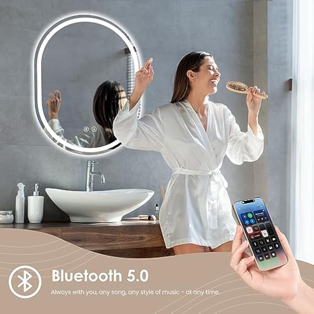 Dripex 600 x 800 mm Bluetooth Oval Bathroom LED Mirror, Illuminated Backlit Wall Mounted Bathroom Mirror with Demister, Anti-fog, 3 Lighting Modes, Dimming Light, IP44