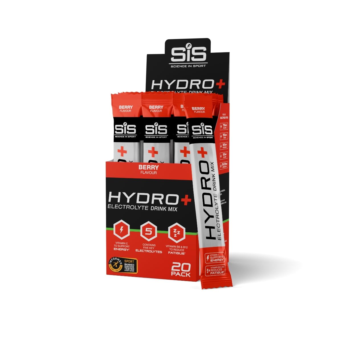 Science in Sport Hydro+ Electrolytes Powder Sachets with 5 Essential Electrolytes and Added Vitamins C, B6, and B12 for Hydration Drink | Berry, Pack