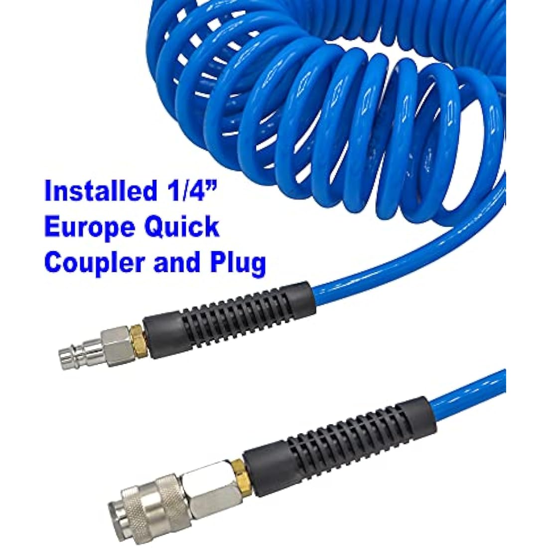 YOTOO 2 Pcs Air Compressor Hose Polyurethane Recoil 10m Long 6mm ID x 9.5mm OD with Bend Restrictor, 1/4" Europe Quick Coupler and Plug, Blue