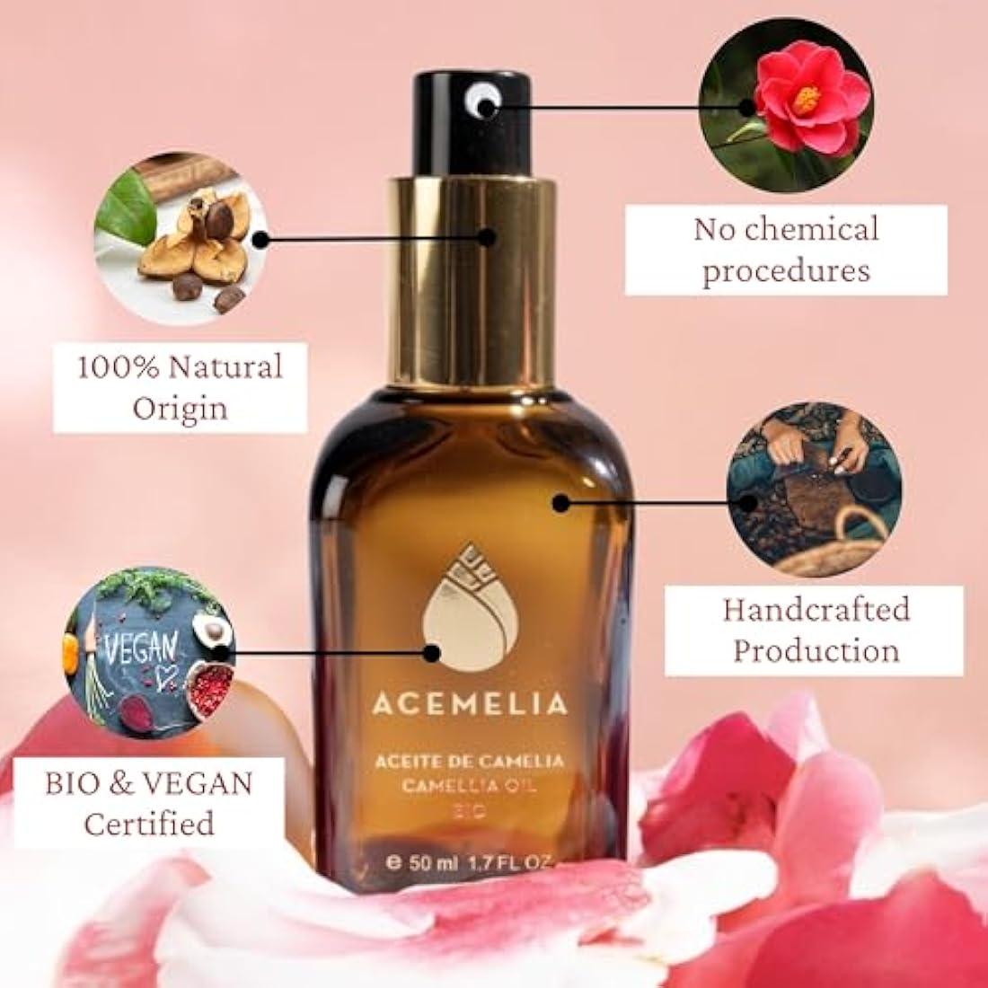 Camellia Oil Bio - 50ml - 100% Natural-Hydrating and Nourishing for Face, Hair, and Body-Antioxidant and Rejuvenating Properties-Instant Absorption Dry Oil-Extracted Cold in Spain