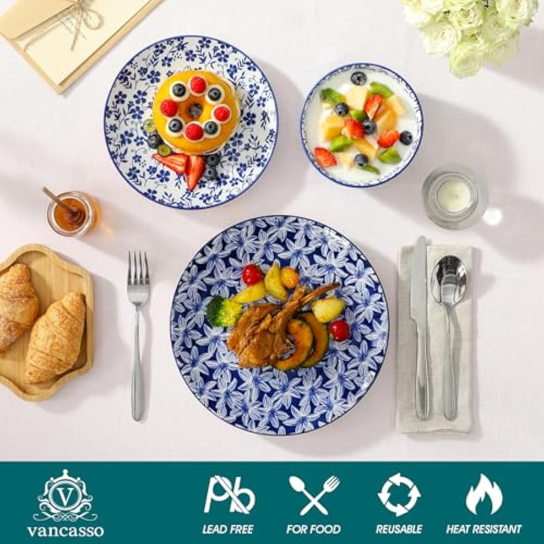 vancasso Selene Dinner Sets for 6 People, 18 Pieces Vintage Blue Porcelain Plates and Bowls Set Kitchen Crockery Set Dinnerware Sets, Mircowave and Dishwasher Safe Dishes Set
