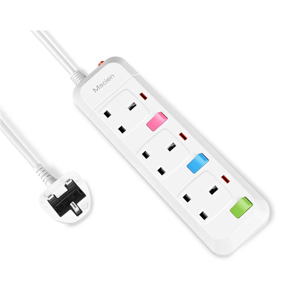 Mscien 3M Extension Lead Surge Protection 3 Way Individually Switched Power Strip With 3 Meter Extension Cord 2500W/10A?3 Gang-3M Cord