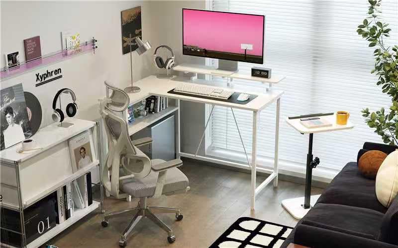 Xyphren L Shaped Gaming Desk with RGB LED Lights & Power Outlets, Small Computer Desk with Adjustable Shelves