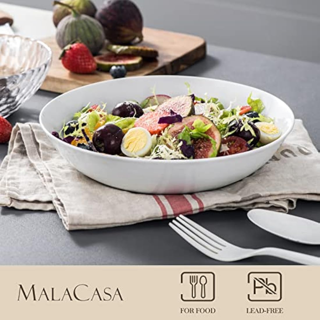 MALACASA, Series Regular, 8'' Pasta Bowl, Porcelain Salad Pasta Bowl, Large Ceramic White Soup Bowl Set, Serving Plates for Salad Pasta Soup Fruit, Microwave Dishwasher Safe, Set of 4