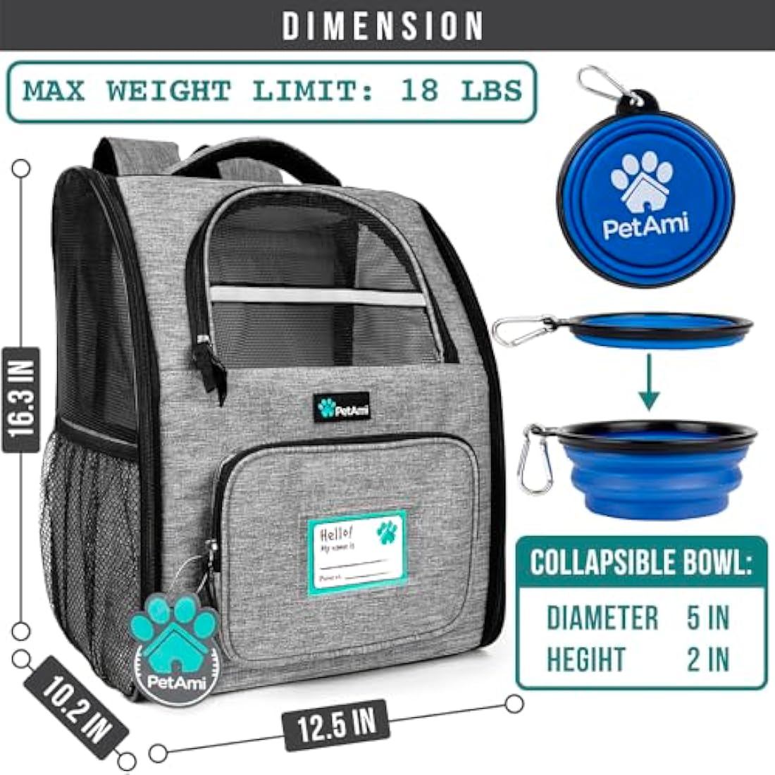 PetAmi Deluxe Pet Carrier Backpack for Small Cats and Dogs, Puppies | Ventilated Design, Two-Sided Entry, Safety Features and Cushion Back Support | for Travel, Hiking, Outdoor Use (Heather Gray)