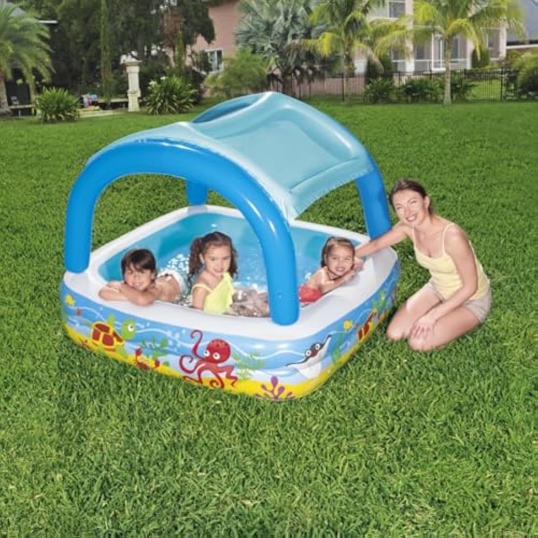Bestway Inflatable Paddling Pool | Kids, Toddler Outdoor Garden Paddling Pool with Shade, Canopy Baby Pool, Ages 2+, Blue