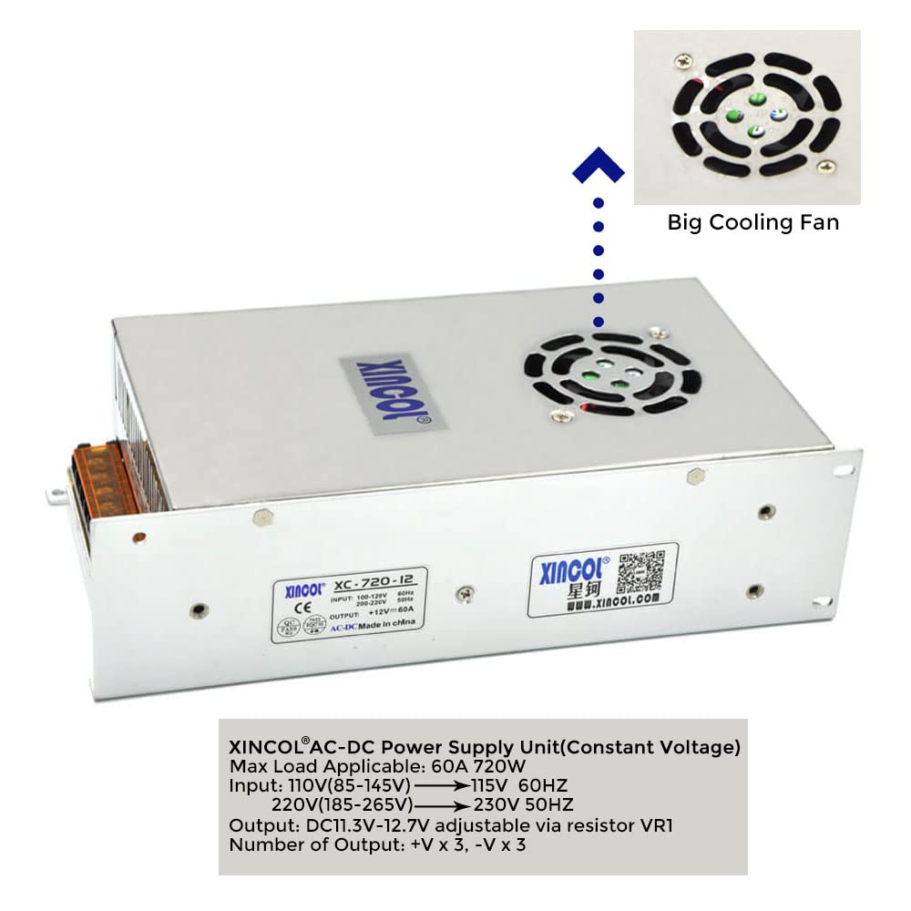 XINCOL AC110V/220V to DC12V 60A 720W Switched Mode Switching Power Supply (SMPS) Transformer Driver Adapter for LED Strip Light with Big Built-in Fan