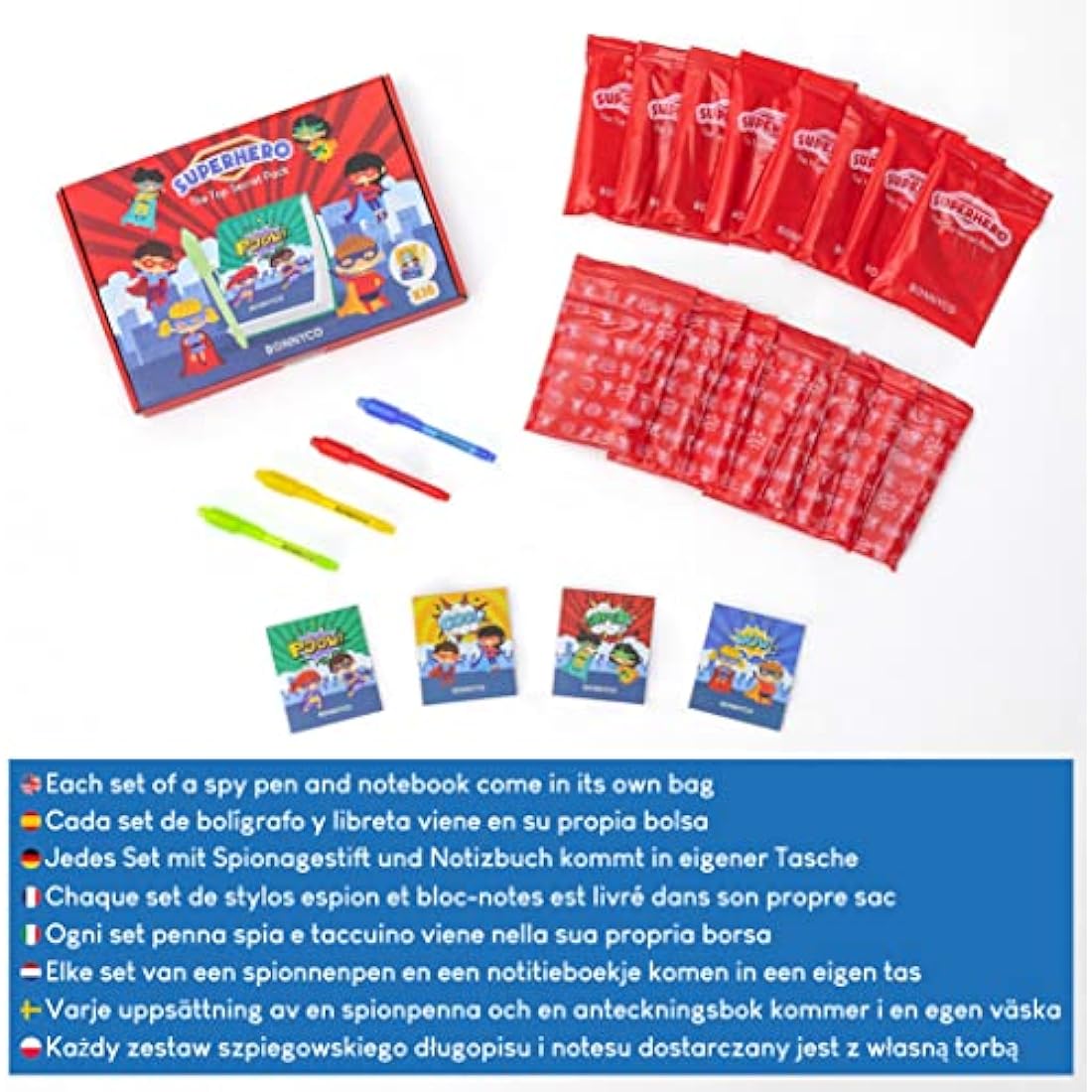 BONNYCO Invisible Ink Pen and Notebook, Pack 16 Superhero Superhero Party Bags Fillers, Pinata Toys | Birthday Decorations | Stocking Fillers for Kids Birthday | School Prizes, Gifts for Children