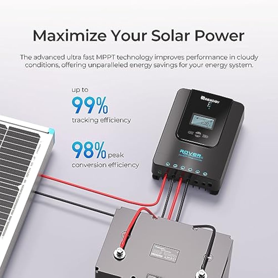 Renogy MPPT Charge Controller 20A, 12V/24V DC 20 Amp Input MPPT Charge Controller Auto Paremeter Adjustable LCD Display Solar Panel Regulator for Gel Sealed Flooded and Lithium Battery, 20A, Black