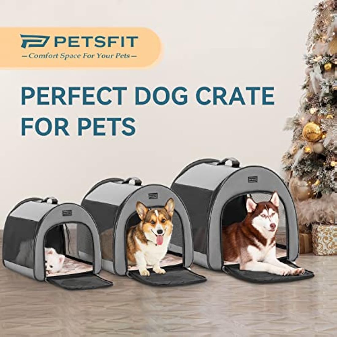 PETSFIT Soft Dog Crate Large, Travel Dog Crate - 30 Inch Lightweight, Roomy, Easy to Set Up, Portable Pop Up Dog Carrier with Thick Mat, Sturdy Portable Cat Kennel, Grey