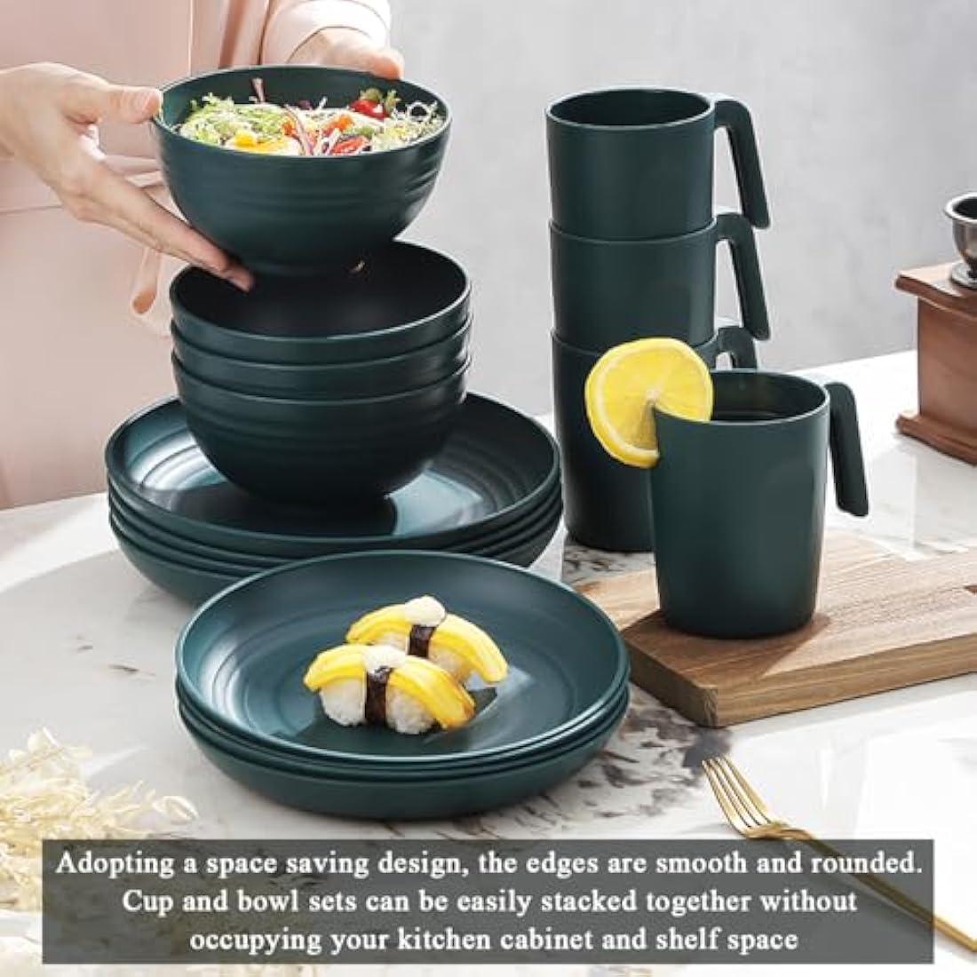 Kyraton Plastic Dinnerware Sets of 32 Pieces Service for 8, Unbreakable and Reusable Light Weight Plates Mugs Bowls Dishes Easy to Carry and Clean Microwave Safe BPA Free Dishwasher Safe