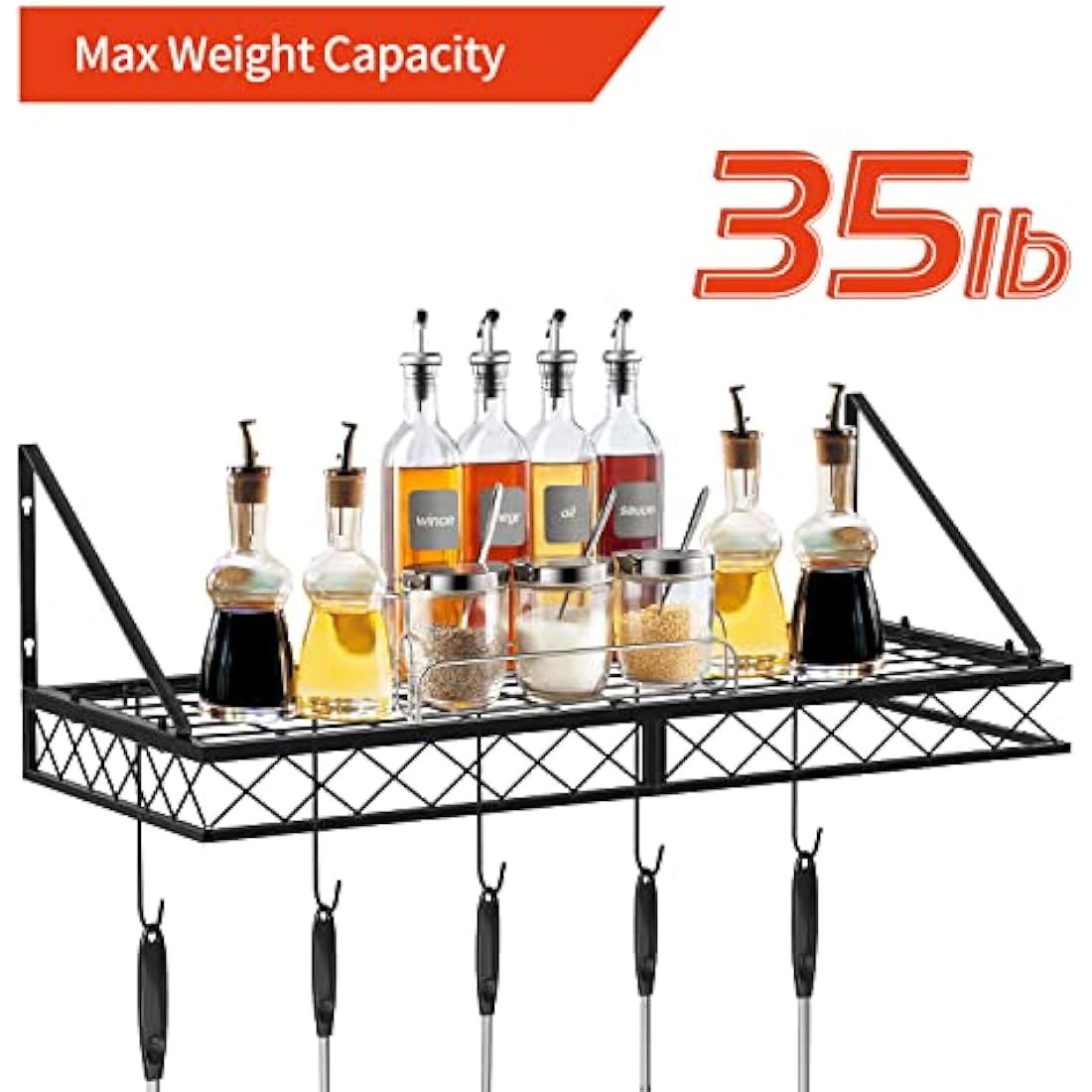 Mutool Wall Mount Pot Pan Racks, 70CM Saucepan Hanging Racks Utensils Hanging Shelf, Pan Rack for kitchen, Metal Cookware Organiser with 10 Hooks, Black