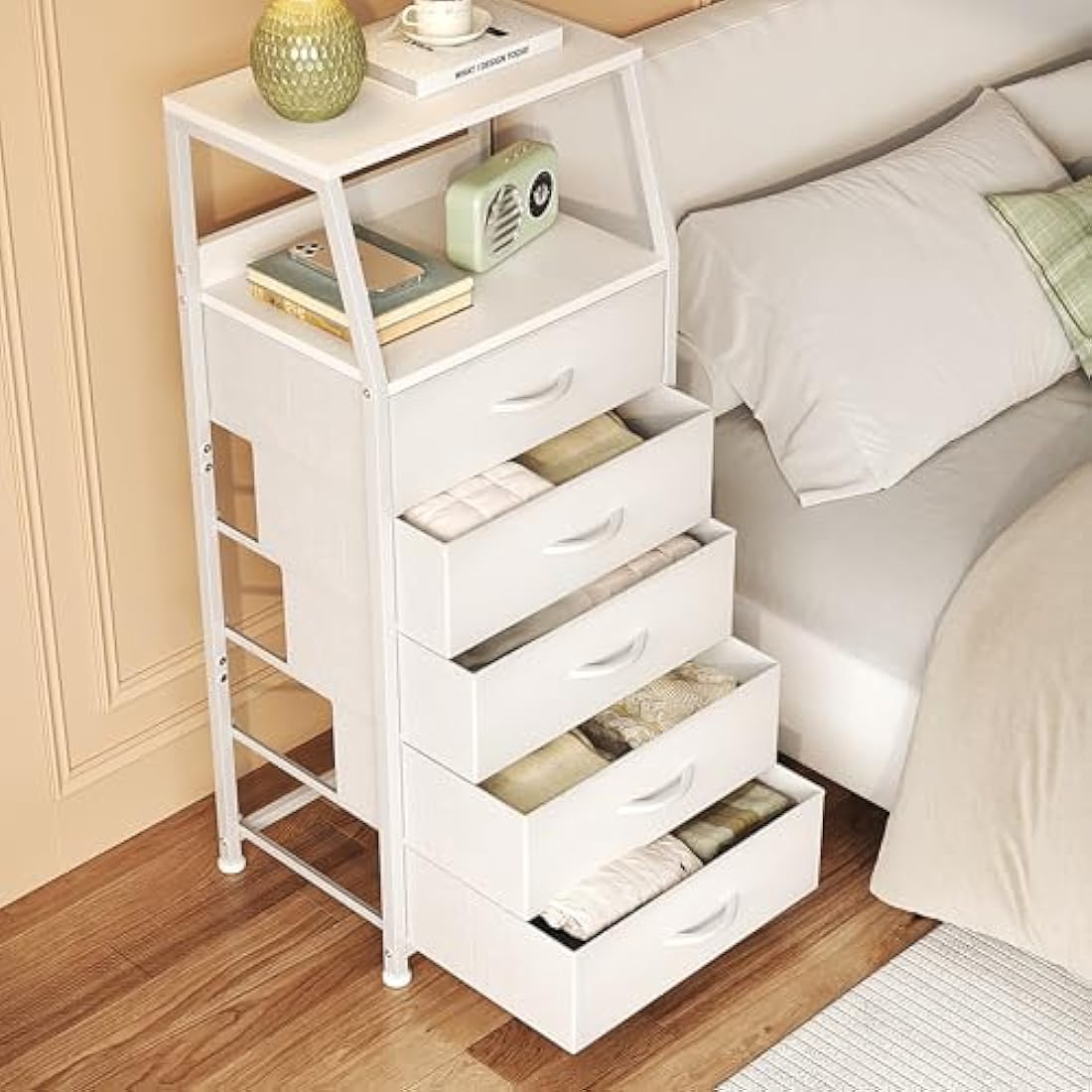 CAIYUN Chest of Drawers Bedroom with 5 Drawers, Tall Fabric Dresser with Shelf, Fabric Dresser for Entryway Hallway Living Room, Closet Storage Drawer, White