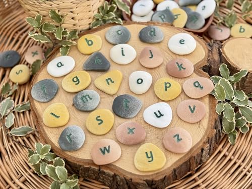 Yellow Door Lowercase Alphabet Pebbles | ABC Spelling lowercase letter Stones | Educational Toy for kids age 2 3 4 5 | Durable Outdoor Learning | Set of 26 | phonics and CVC words | literacy | words