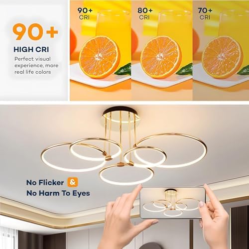 YYUTLUO LED Ceiling Light, Ø93cm Gold Metal Circle Chandelier, 108W Stepless Dimmable 3000-6000K, Modern Round Electroplate Pendant, Bedroom Living Children Office Study Kitchen Hallway(5 Ring)