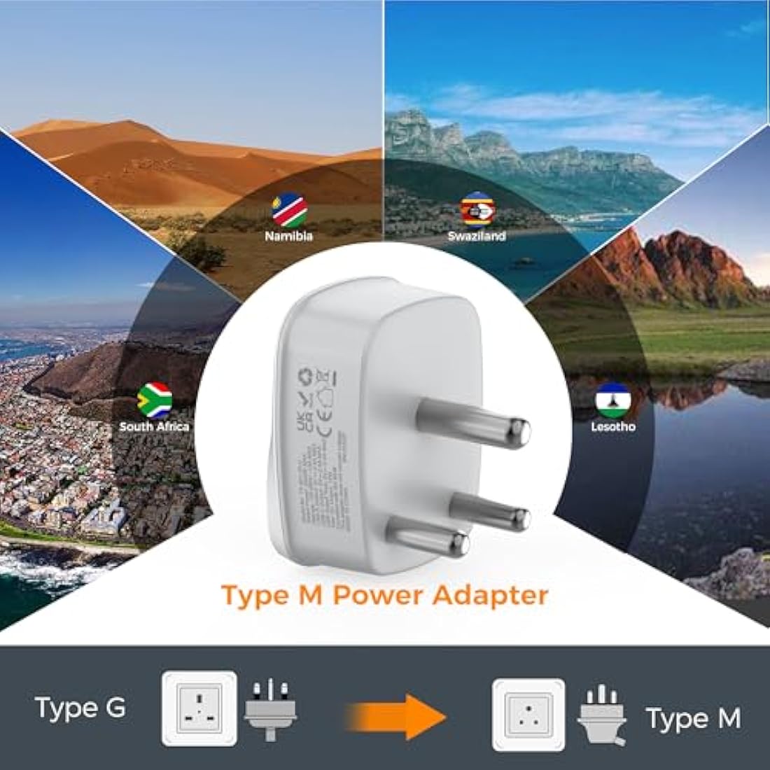 UK to South Africa Plug Adapter 2 Pack, TESSAN 3 in 1 Travel Adapter with 2 USB(1 USB C), South Africa Travel Plug for Namibia, Swaziland (Type M)