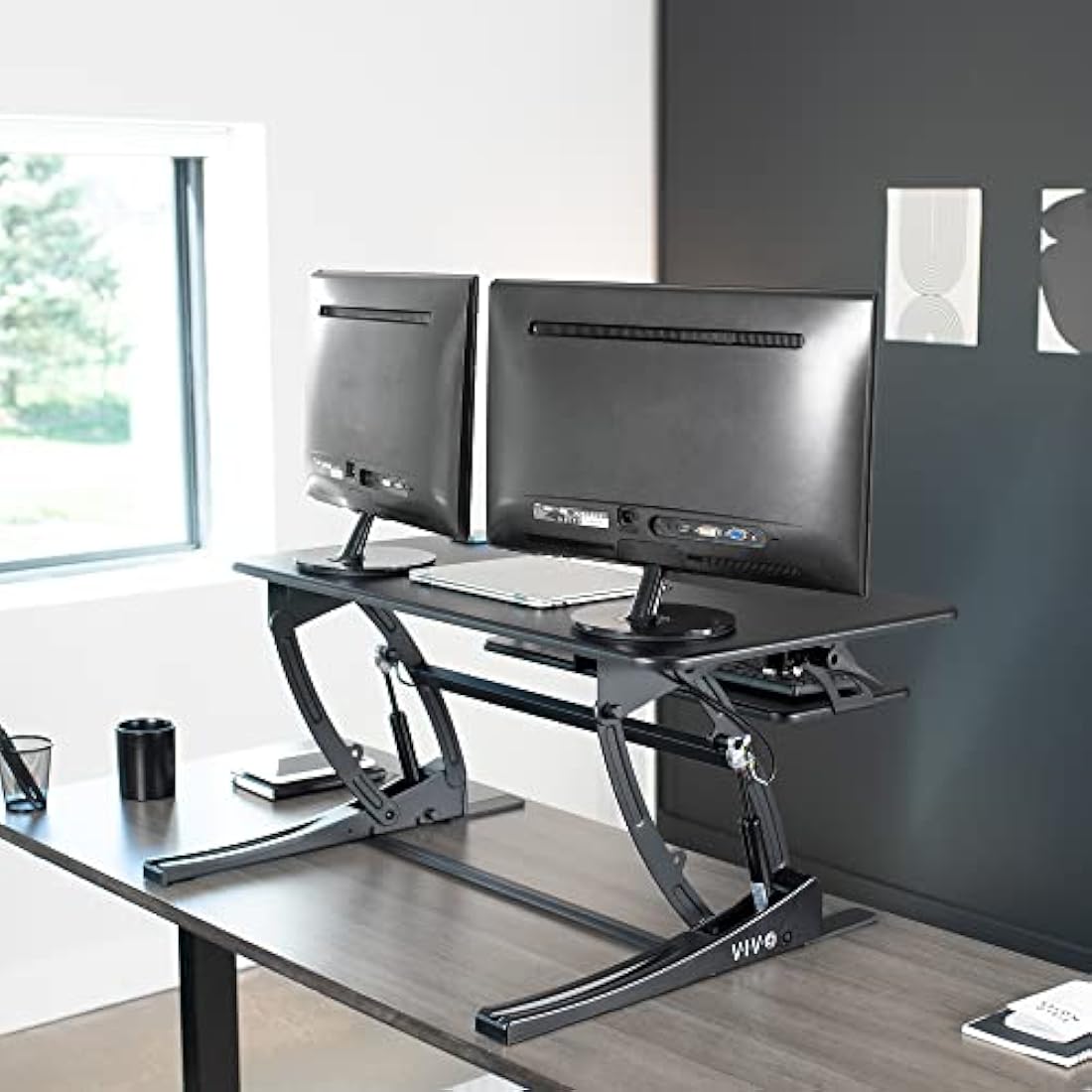 VIVO 91 cm Height Adjustable Stand Up Desk Converter, V Series, Quick Sit to Stand Tabletop Dual Monitor Riser Workstation, Black, DESK-V000V