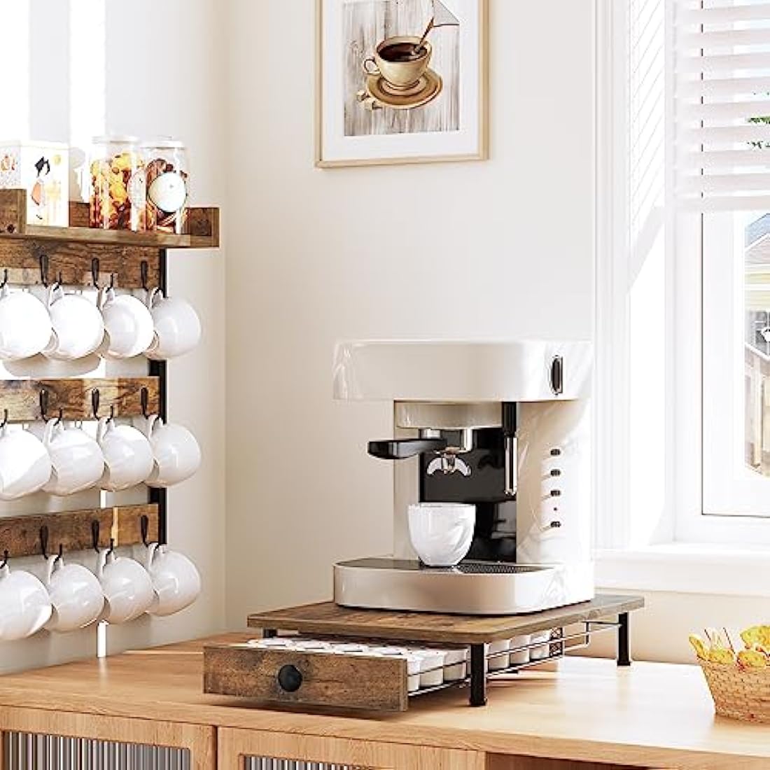 YATINEY Coffee Pod Holder, 35 Capsules Coffee Pod Drawer, Coffee Pod Storage Organizer with Sliding Mesh Basket, Wooden K Cup Holder, for Original Pod, for Kitchen, Rustic Brown XKH08BRG1