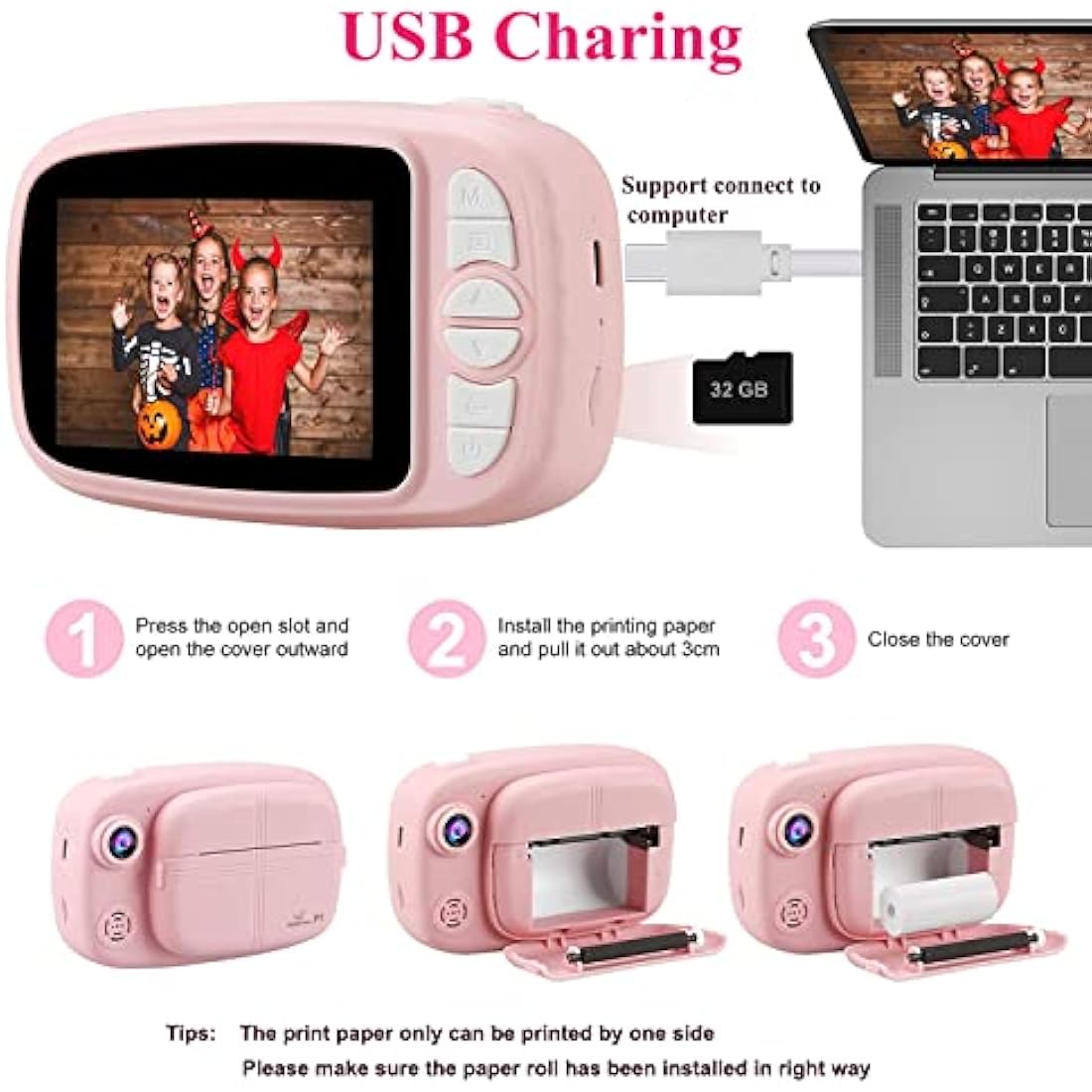 GlobalCrown Instant Camera for Kids,Camera Instant Print 3.5 Inch Screen Video Child Digital Print Photo Gifts for Boys Girls (Included 4 Rolls of Printing Paper and 32GB Card)