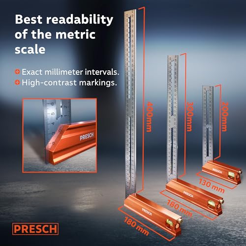 Presch Try Square Set | 200mm, 300mm & 400mm | All-in-One Compact Set | Includes rust-free marking gauge (20cm, 30cm & 40cm), level & scribing needle | 90° & 45° | Carpenters Squares, Square Tool