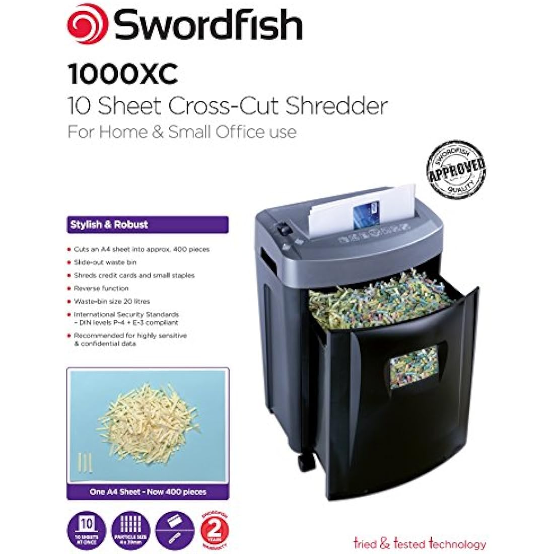 Swordfish 1000XC 10 Sheet Cross-Cut Paper/Document Shredder with 20 Litre Slide-Out Bin [45009], Black