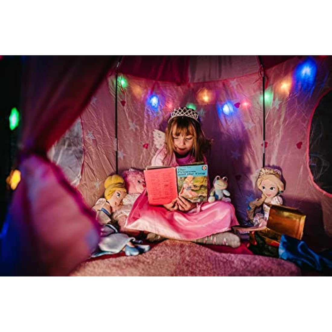 Princess Play Tent; Multi-Coloured Star Lights & Toy Rainbow Frog. Compact Size 105cm wide Pop up Tent for Kids. Princess Toys Kids Tent for 3 4 5 6 7 Year Old Girls Tents