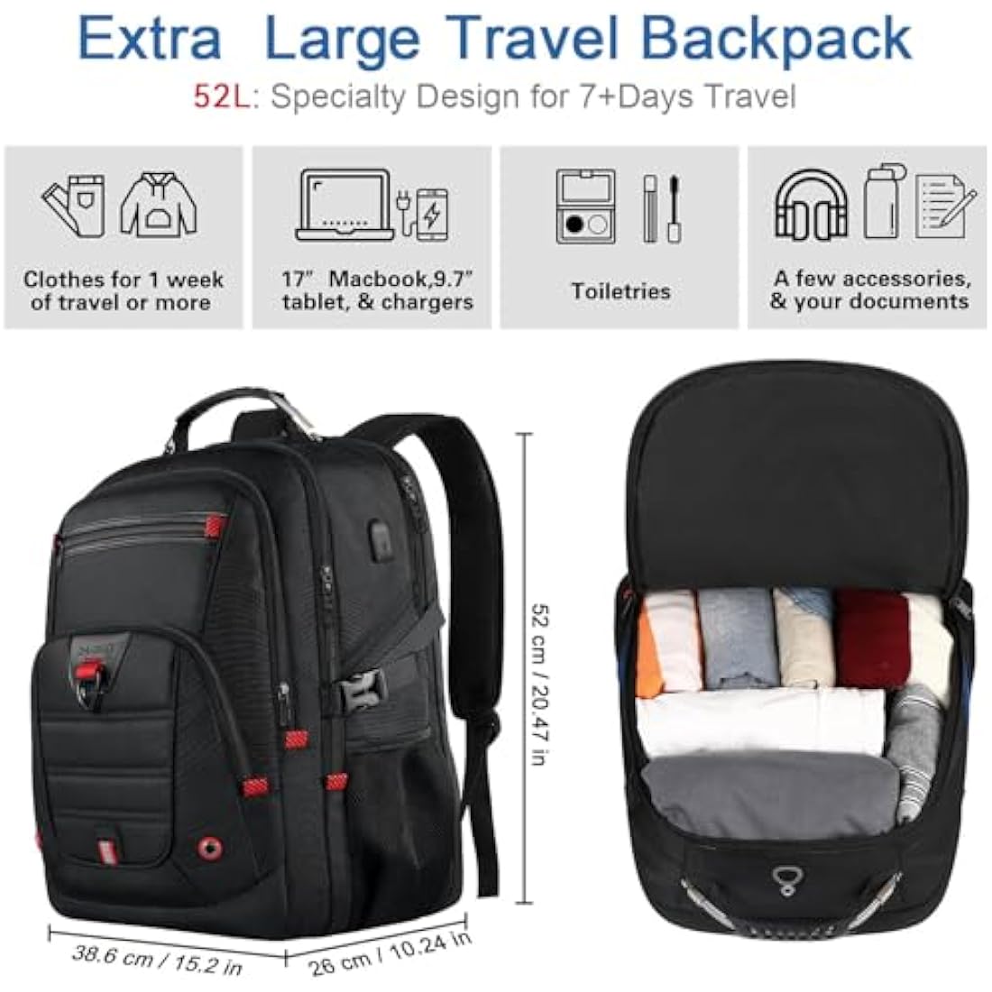 Z-MGKISS Travel Laptop Backpack, 52L Extra Large Backpack for Men, Overnight Backpack, TSA Flight Rucksack 17.3 Inch, Anti-Theft Work Bag with USB Port, Big Computer Bag for College & Business, Black