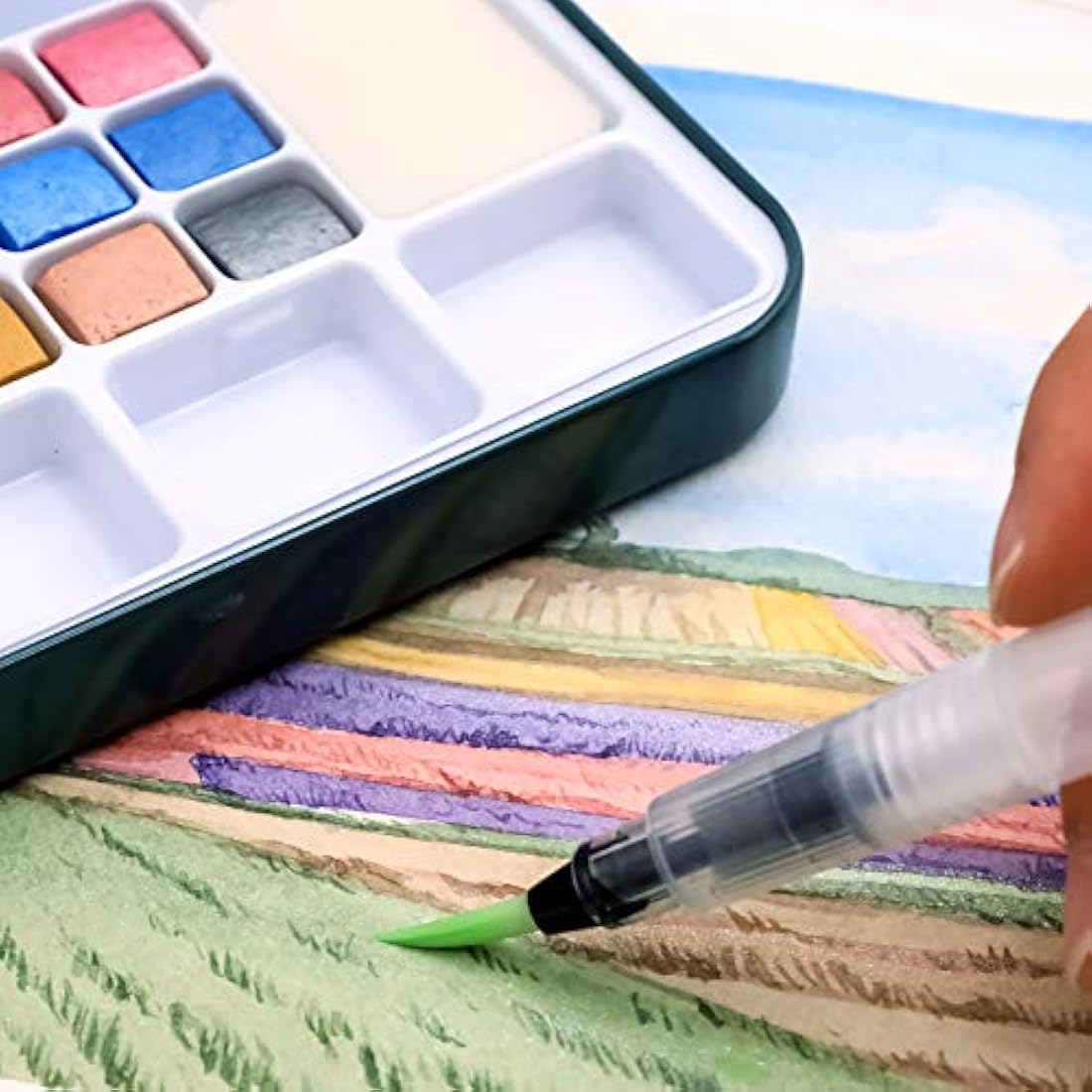 Artecho Watercolour Paint Set,18 Metallic Colors, Watertbrush Pen Included, Lightweight and Portable,Watercolour Paints for Artists and Beginners
