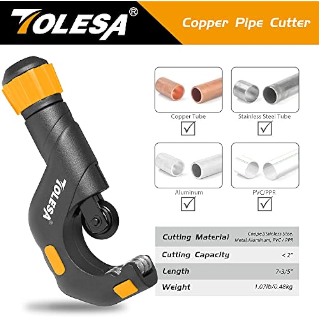 TOLESA Pipe Cutter 5-50mm, Heavy Duty Copper Tube Cutter with Deburring Tool Inner-Outer Reamer Conduit Cutter Plumbing Tools for Cutting Copper Brass Aluminum Thin Stainless Steel Pipe