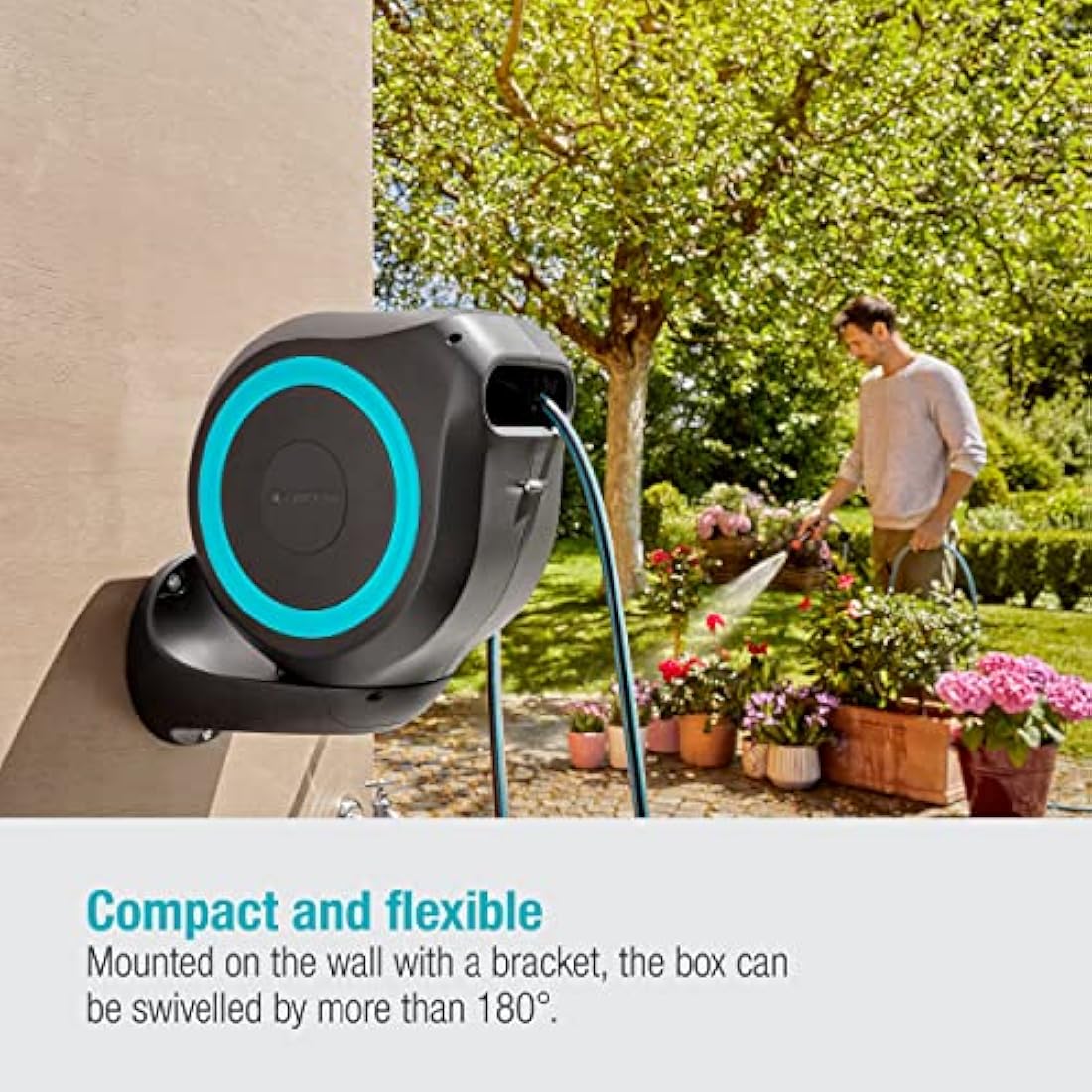 Gardena Wall-Mounted Hose Box Rollup M 20 m: Flexible Watering for Medium-Sized Gardens, Swivel Hose Reel, with Wall Bracket, System Parts and Nozzle, Including 20 m Gardena Hose (18610-20)