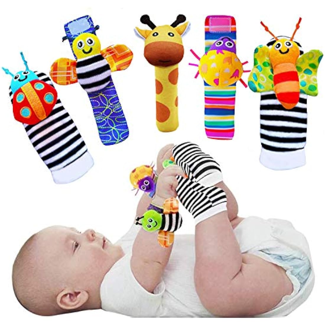 Foot Finders & Wrist Rattles for Infants - Developmental Texture Toys for Babies - Infant Socks & Baby Wrist Rattle - Newborn Toys for Girls Boys 0-3 3-6 6-9 Months