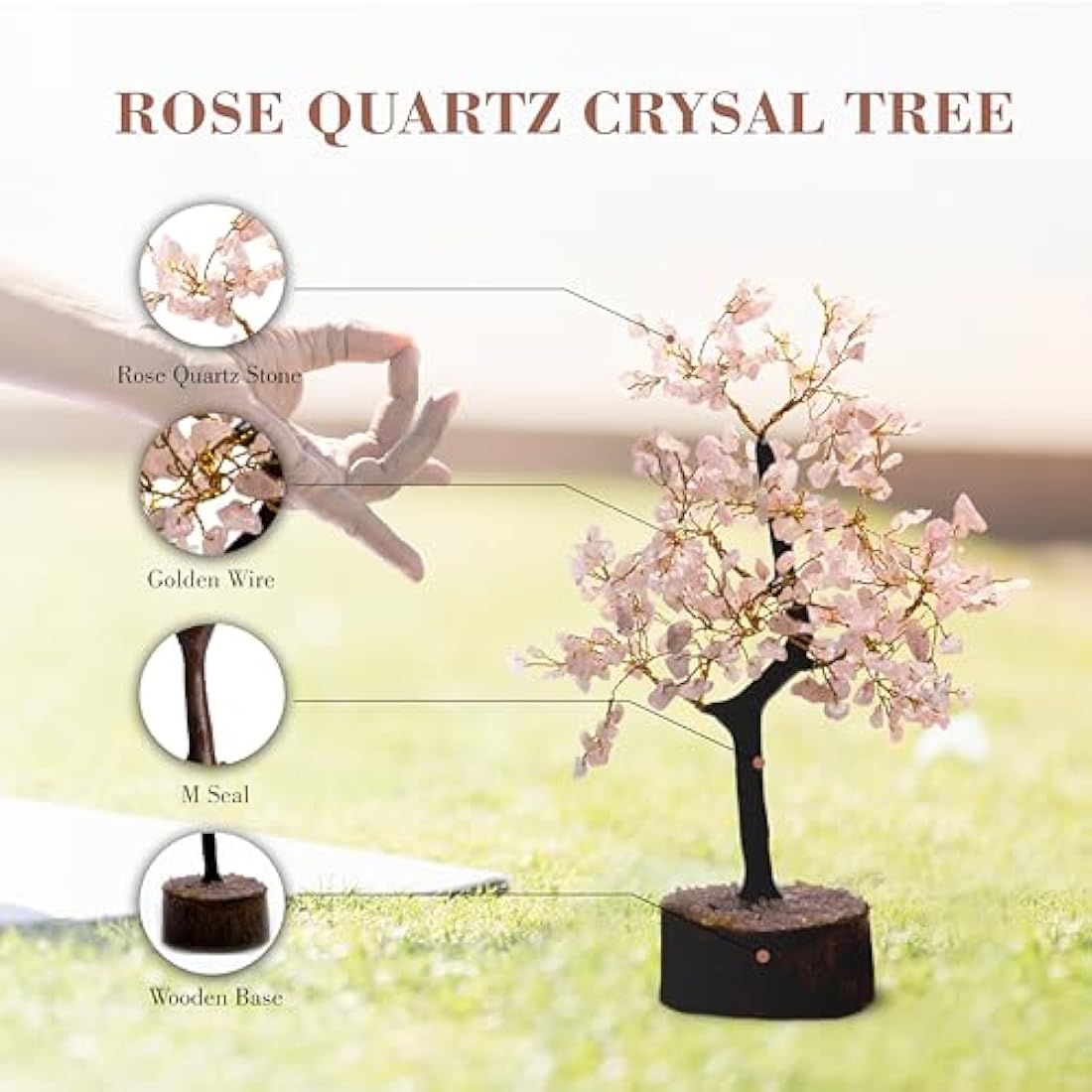 Wonder Care WC Rose Quartz Crystal Tree for Positive Energy, Home Decorations and Healing with M-Seal & Golden Wire | Money Decor Pink Feng Shui (300 Beads)…, quartz_Mseal_Tree
