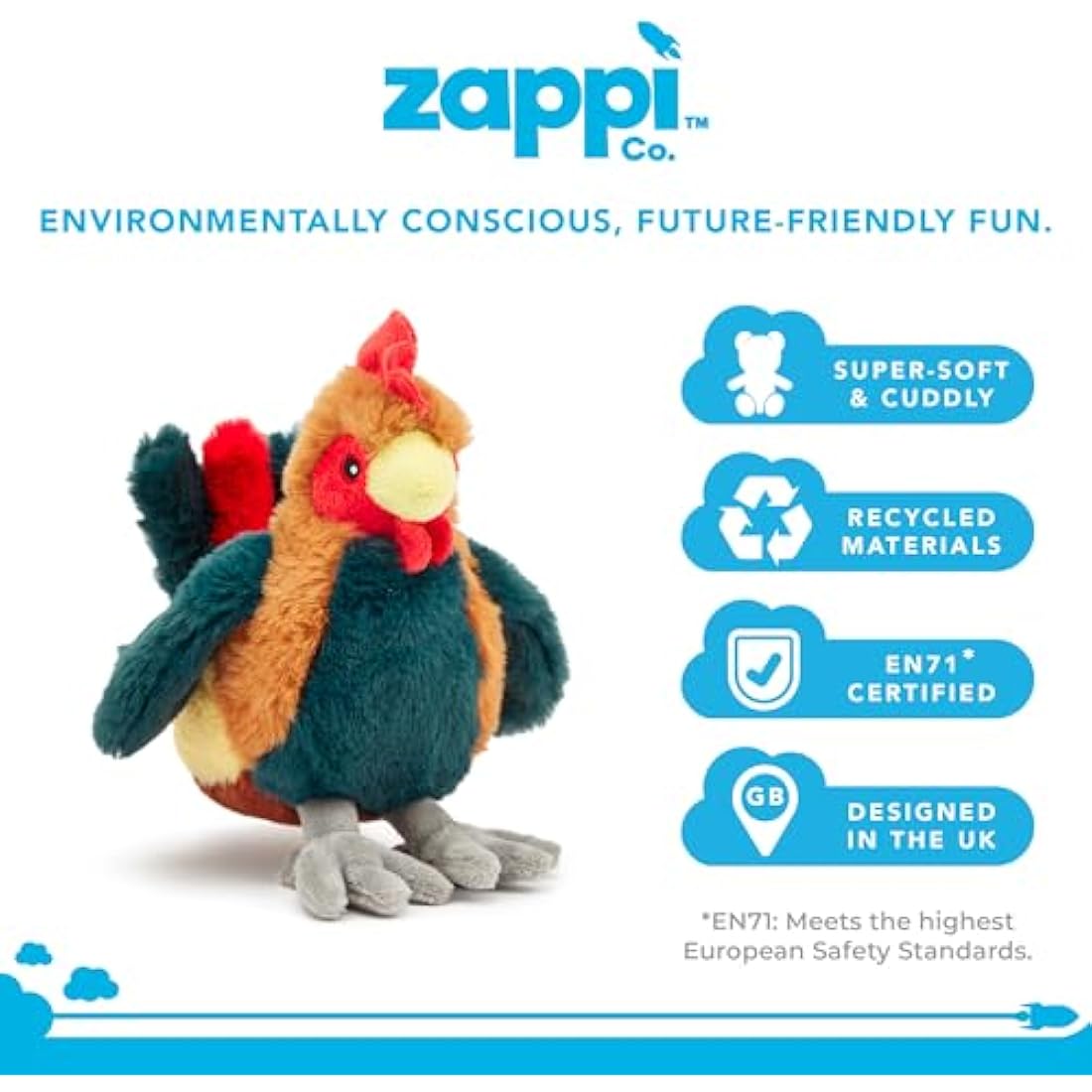 Zappi Co Cockerel Plush Toy (24 cm Length) - 100% Recycled, Eco-Friendly, Newborn Gift, Realistic Lifelike
