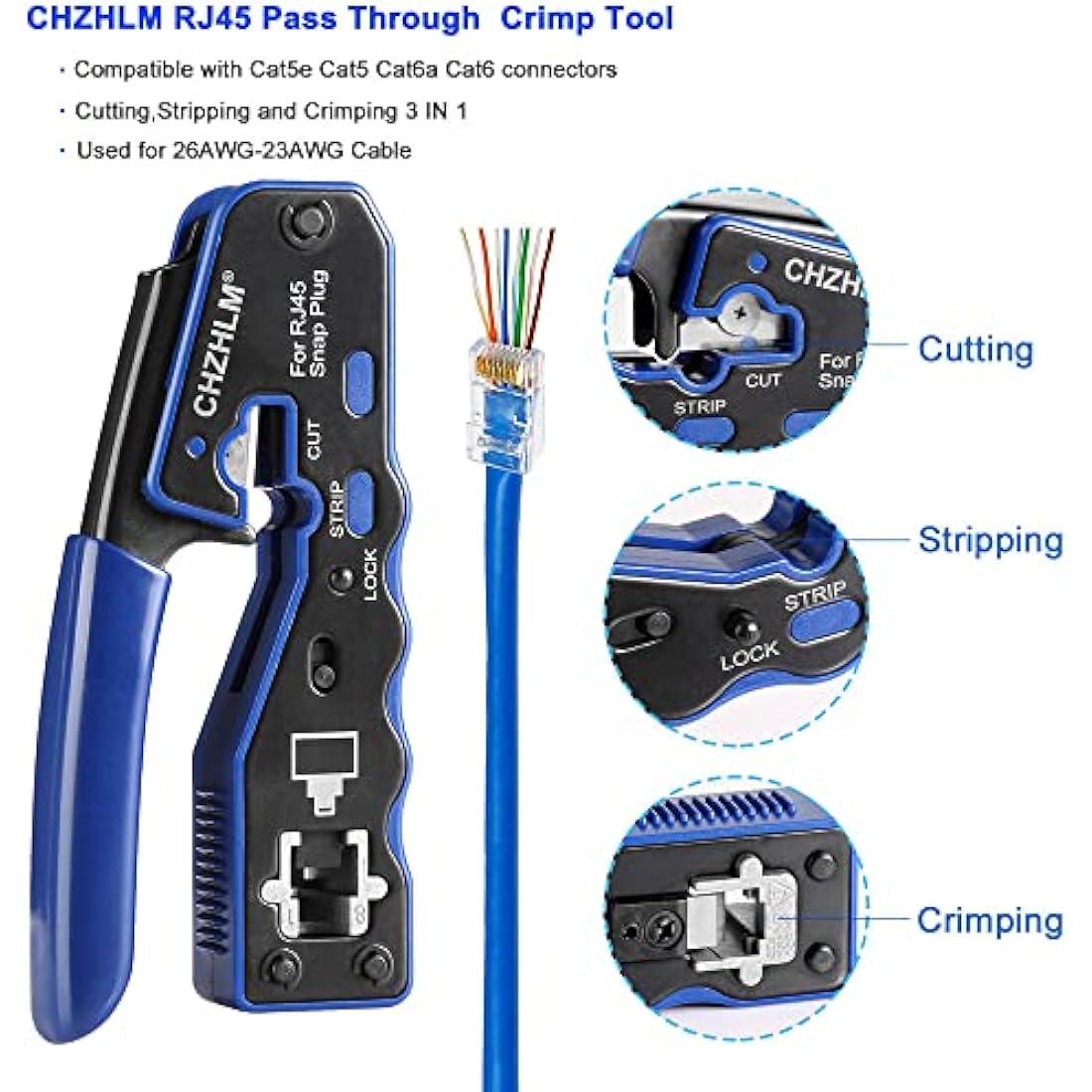 CHZHLM RJ45 Crimping Tool Kit Pass Through Crimper Stripper Cutter All-in-One for Cat5 Cat6 Pass Through Connector with Cable Tester 50Pcs Connectors 50Pcs Covers Mini Stripper