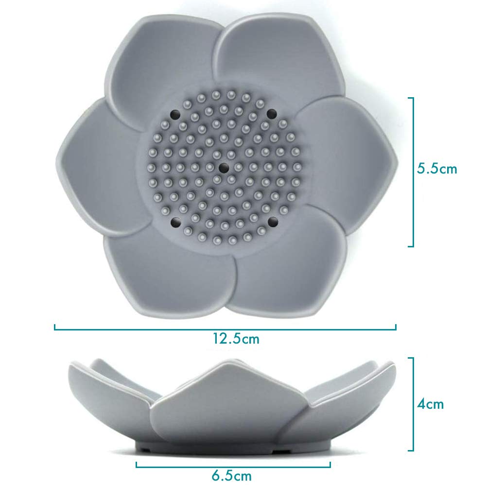 Okami Products Japanese Flower Silicone Soap Dish - Pack of 2 Soap Holder (White & Grey)