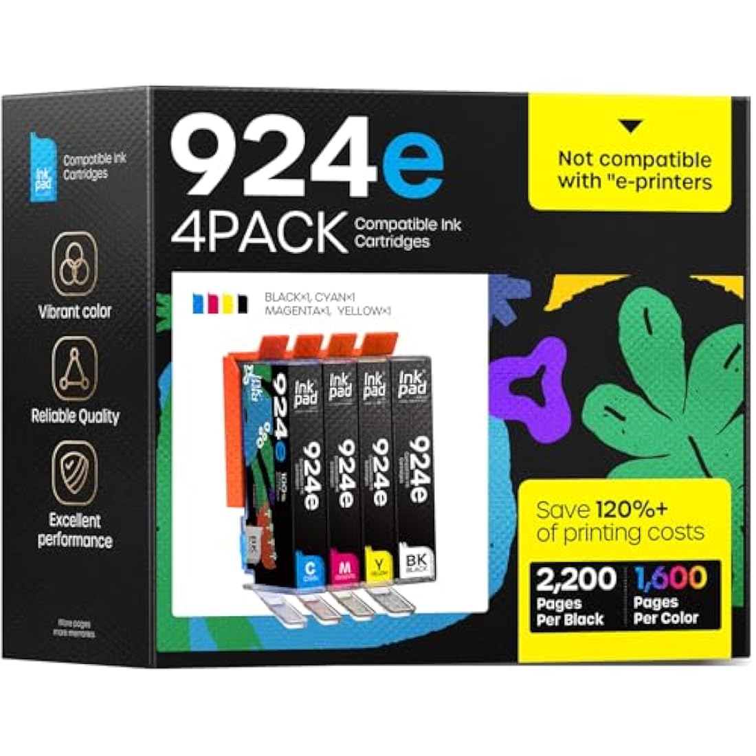 [with Chip] 924XL Ink Cartridges Compatible with HP 924 924e 924XL Ink,Work for HP OfficeJet Pro 8120 8122 8123 8125 8128 8130 8132 8133 8134 8135 Printer (4-Pack, Black Cyan Magenta Yellow)