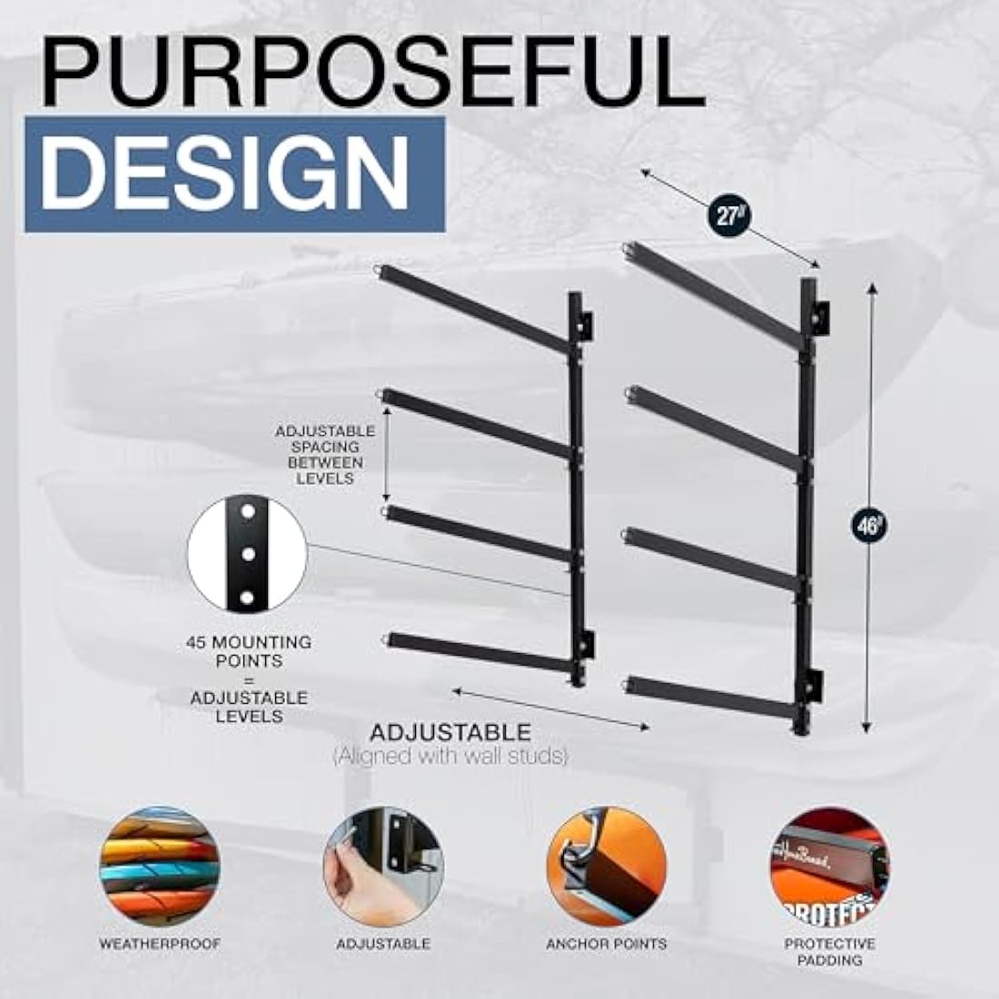 Outdoor 4 Kayak Storage Rack Wall Mount, Holds 400 Lbs, All Weather HeavyDuty Metal Organizer, Adjustable Levels