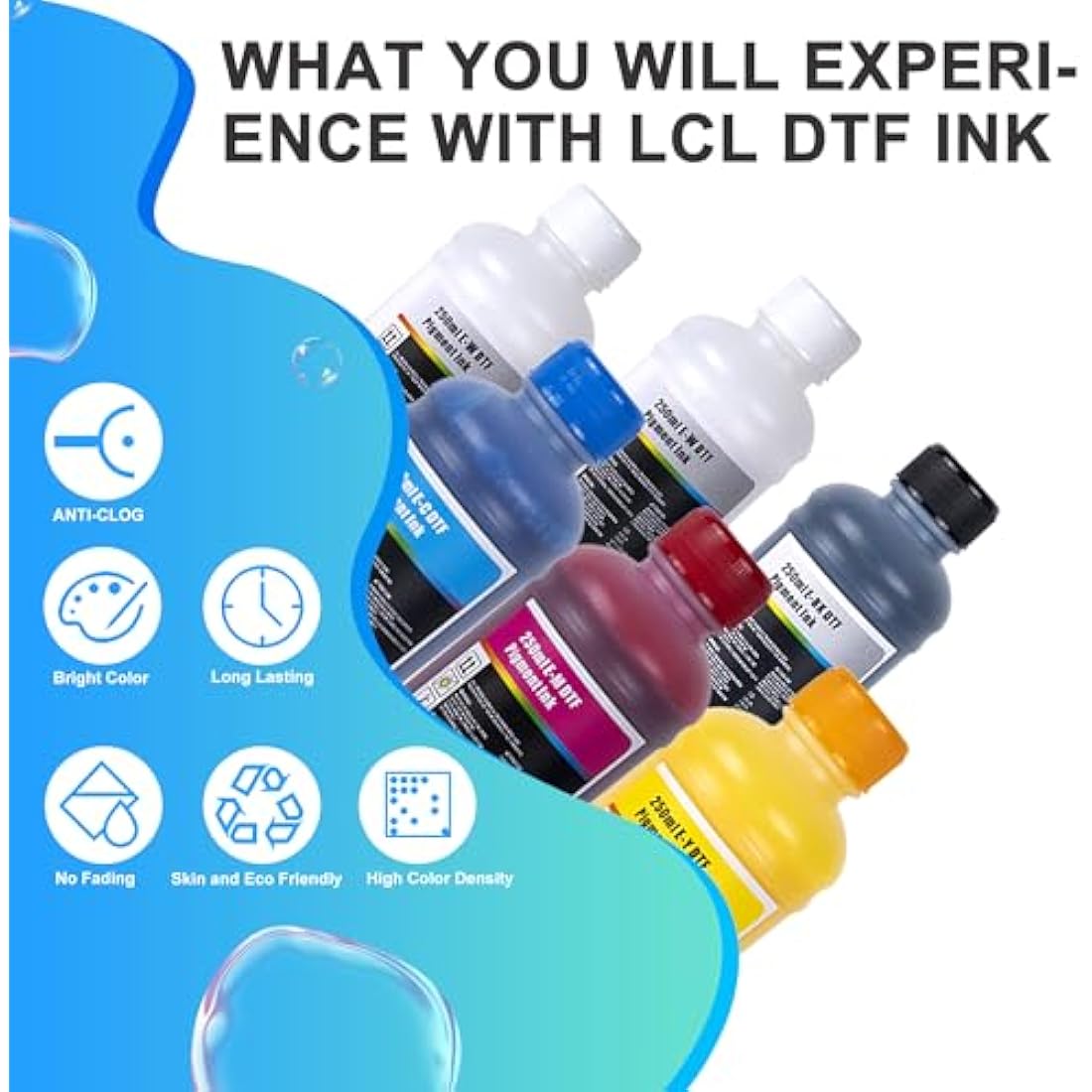 LCL 1500ML Premium DTF Ink Refill for Inkjet Printers Heat Transfer Film Printing (250ml x 6 CMYK 2Wh) Replacement for Epson L800L1800 L805 R1390 4720 I3200 XP600 DX7 DX5 5113 1430 TX800P400 P408 P640