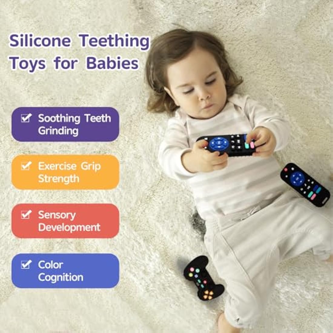 Hooku 2 Pack Silicone Teething Toys for Babies 0-6 Months, Teethers for Babies 6-12 Months, Remote Teether for Baby, Sensory Toys for Babies, Baby Chew Toys