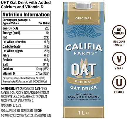 Califia Farms Unsweetened Oat Drink with Calcium & Vitamin D - Dairy Free, Lactose Free, Vegan (6 x 1L)