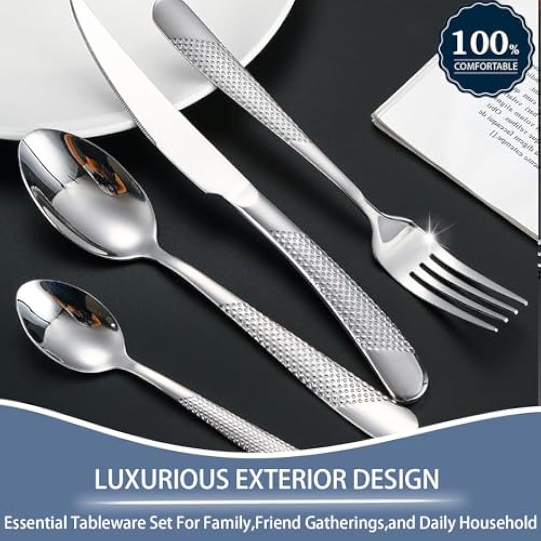 Cutlery Set with Stand, 24 Piece Gold Silverware Set Cutlery Set, Stainless Steel Flatware Set for 6 Person, Mirror Polished Tableware Set with Holder for Home Kitchen (Silver)