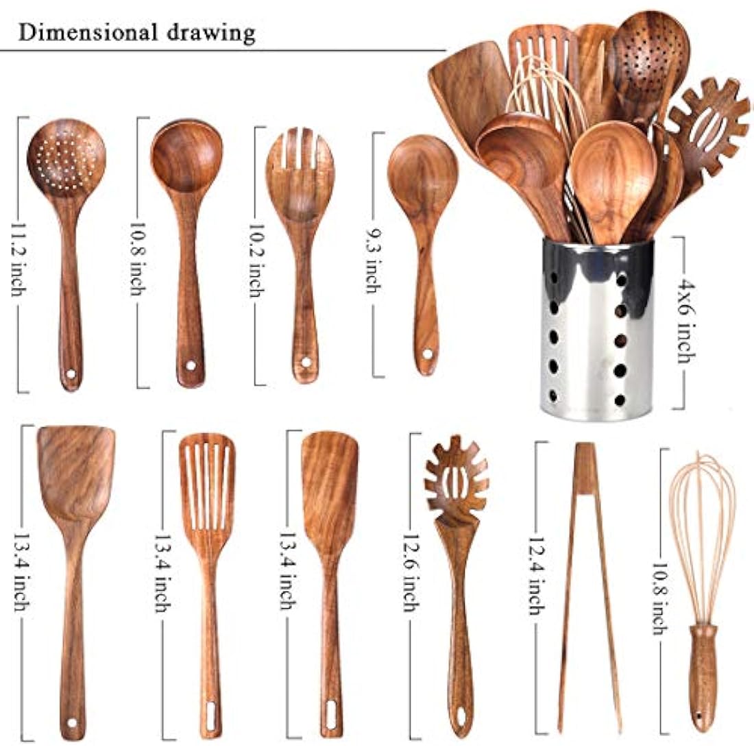 Kitchen Utenails Set with Holder,Kitchen Wooden Utensils for Cooking, Wood Utensil Natural Teak Wood Spoons for Cooking,Wooden Kitchen Utensil Set with Spatula and Ladle (11)