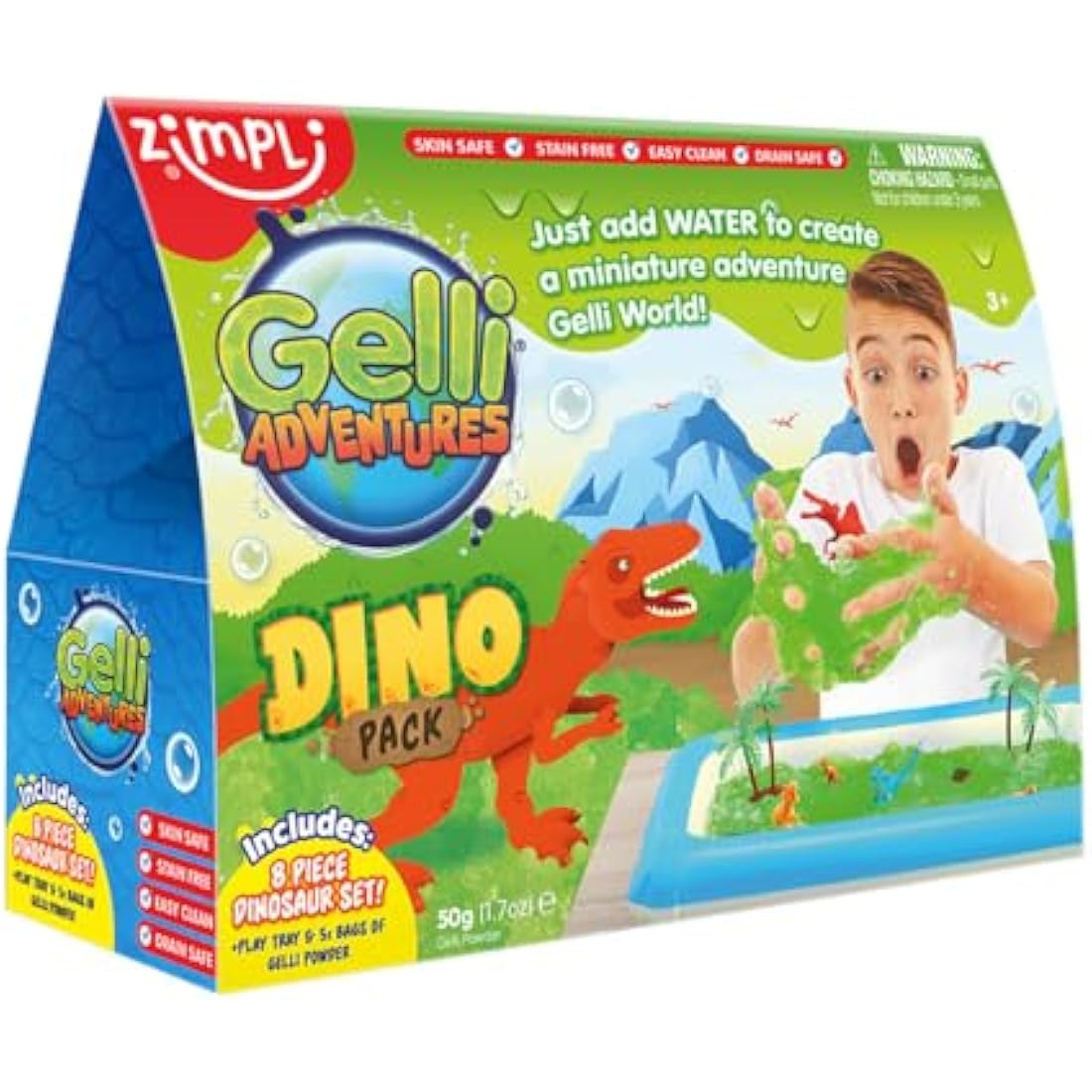 Zimpli Kids - Gelli Adventures Dino Pack, 5 Use, 8 x Dinosaur Figures, Inflatable Tray, Imaginative Prehistoric Dinosaur Playset, Educational Science Kit for Boys and Girls, Children's Role Play Toy