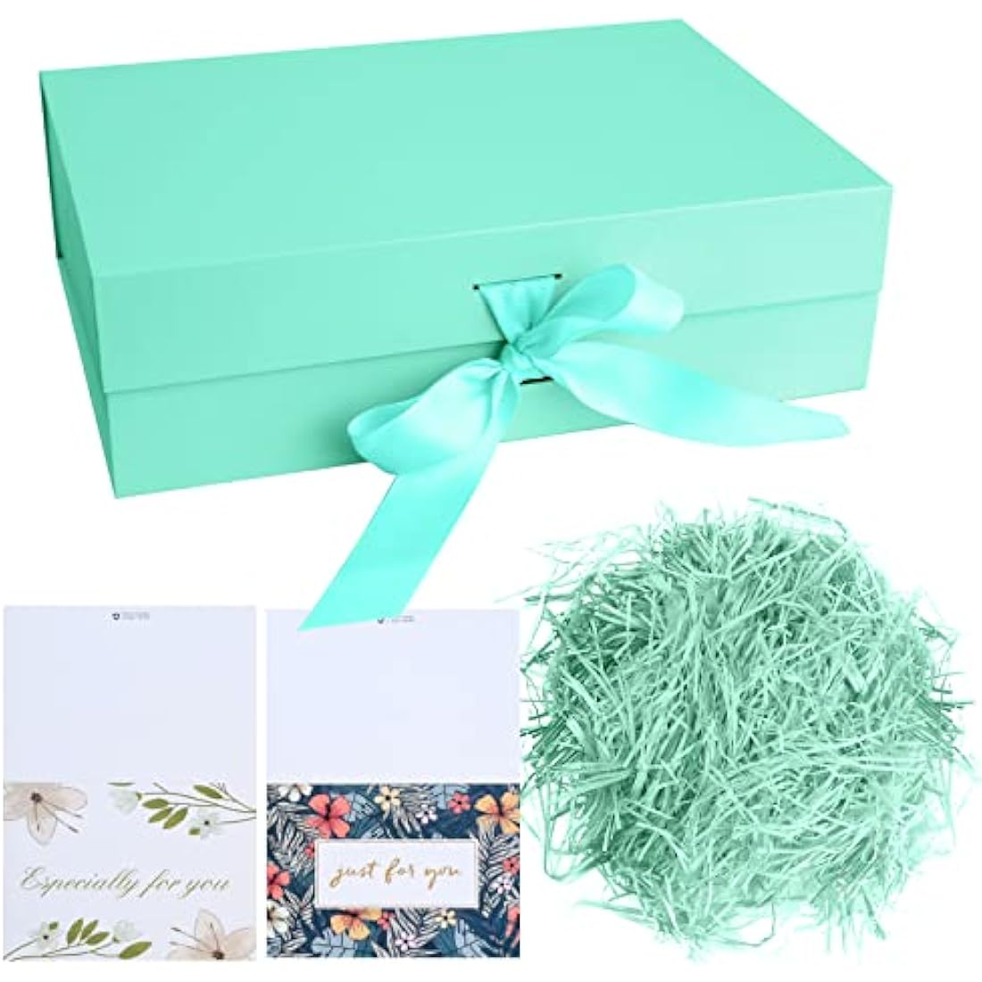 Christmas Green Gift Box with Ribbon,Luxury Premium Magnetic Present Boxes with Lids,Large Rectangle Gift Packaging Decorative Box,Presentation Box for Present Gifts Birthdays,Shredded Paper,Cards