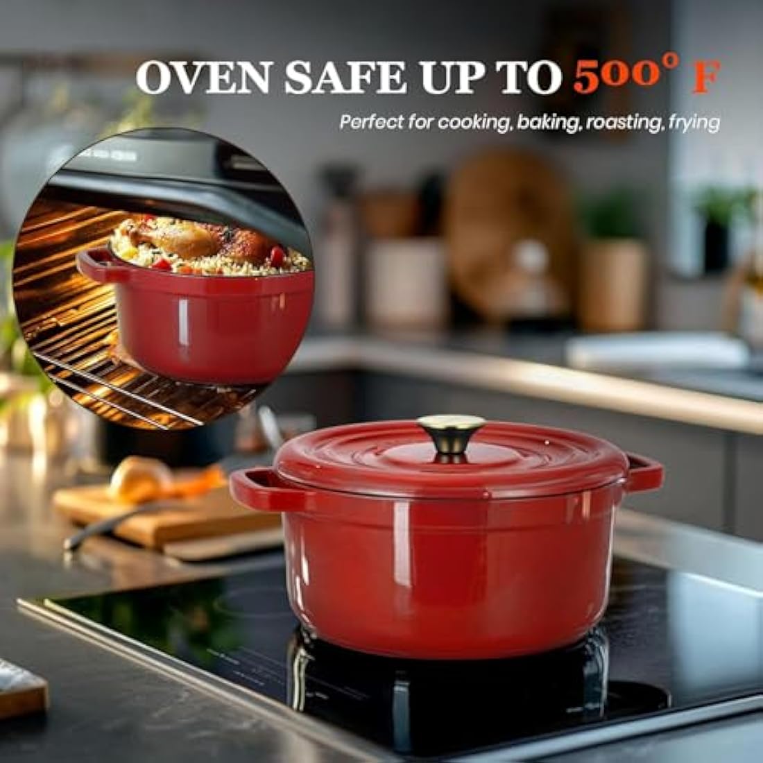 Overmont 26cm Enameled Cast Iron Dutch Oven - 5L Pot with Functional lid Cookbook & Cotton Potholders - Oven Safe up to 500° F, Sturdy Cookware for Braising, Stews, Roasting, Bread Baking, Red